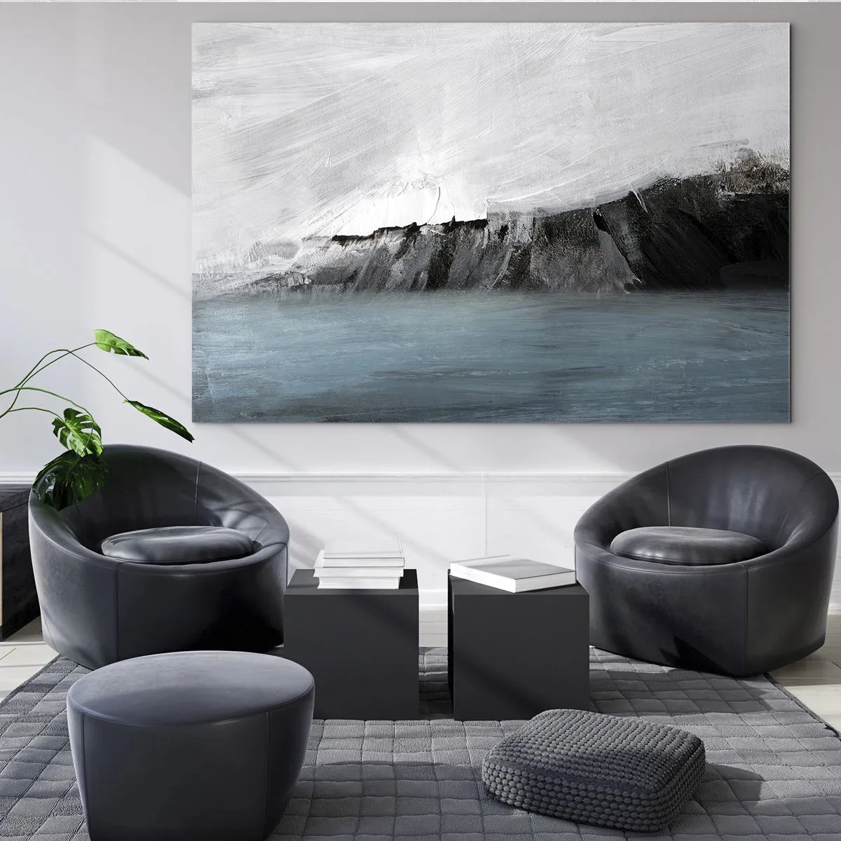 Obraz na szkle - Abstrakcyjna kompozycja w odcieniach błękitu, bieli i czerni - 70x50cm - Woda – ziemia: starcie żywiołów - Nowoczesna dekoracja ścienna do salonu i sypialni ARTTOR
