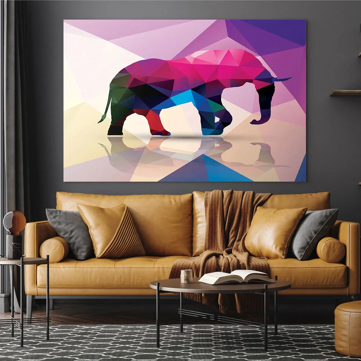 Obraz na szkle - Geometryczny słoń w żywej kolorowej abstrakcji - 70x50cm - Kryształowy dinozaur - Nowoczesna dekoracja ścienna do salonu i sypialni ARTTOR