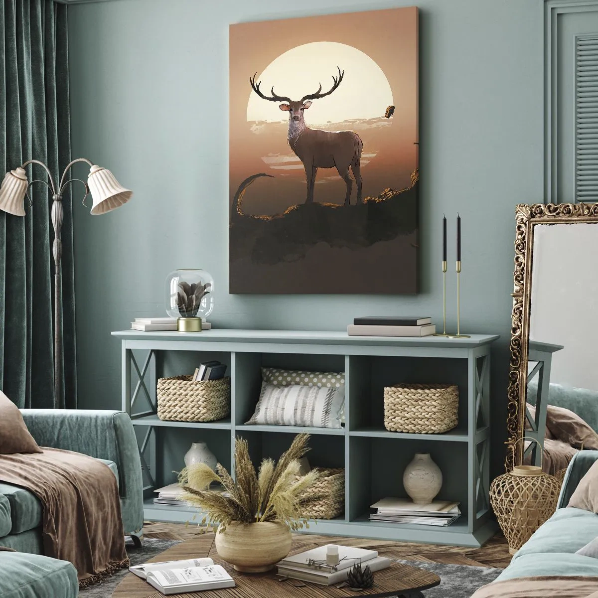 Obraz na płótnie - Grafika jelenia na tle zachodzącego słońca w ciepłych odcieniach - 50x70cm - Ta noc do innych jest niepodobna - Nowoczesna dekoracja ścienna do salonu, kuchni i sypialni ARTTOR