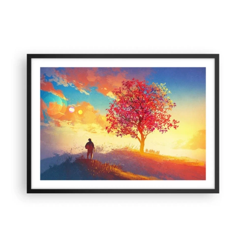 Plakat w czarnej ramie - Postać na wzgórzu obok kolorowego drzewa w świetle zachodzącego słońca - 70x50cm - Pielgrzym u celu - Nowoczesna dekoracja ścienna do salonu i sypialni ARTTOR