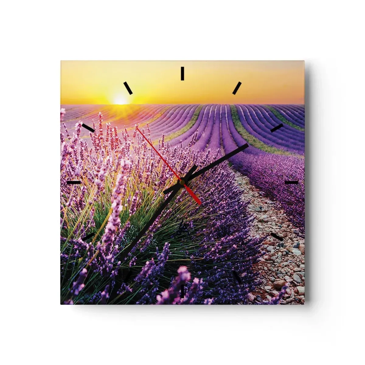 Zegar ścienny - Pole lawendy o zachodzie słońca - 30x30cm - Pachnący łan - Nowoczesna dekoracja ścienna do salonu i sypialni ARTTOR