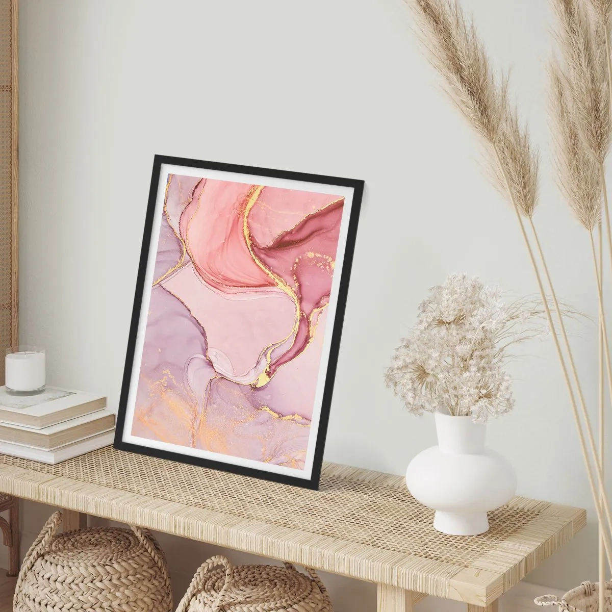 Plakat w czarnej ramie - Abstrakcyjne połączenie pastelowych odcieni z akcentami złota - 50x70cm - Pieszczota barw - Nowoczesna dekoracja ścienna do salonu i sypialni ARTTOR
