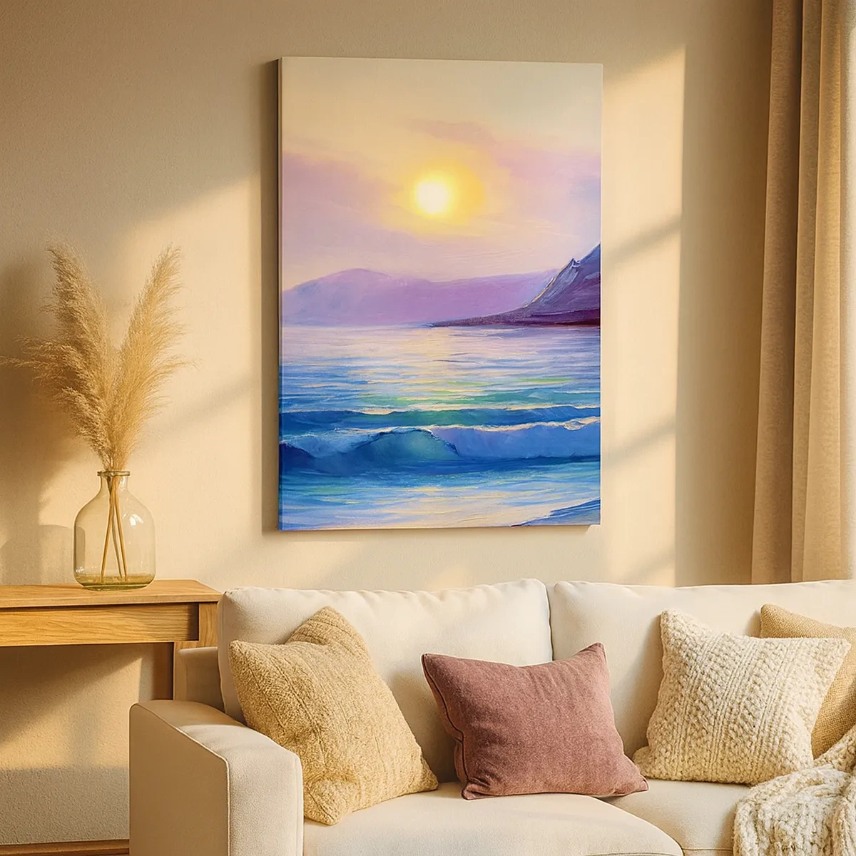 Obraz na płótnie - Malowniczy pejzaż morskiego wybrzeża z zachodzącym słońcem - 50x70cm - Kryształ wody i powietrza - Nowoczesna dekoracja ścienna do salonu, kuchni i sypialni ARTTOR