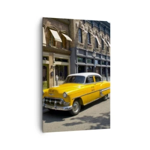 Obraz na płótnie - Żółta taksówka na ulicy z kamienicami - 80x120cm - Dawno temu w Ameryce - Nowoczesna dekoracja ścienna do salonu i sypialni ARTTOR