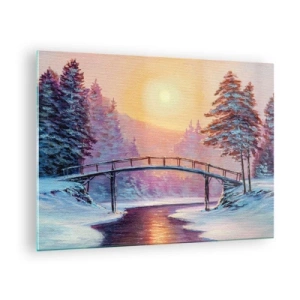 Obraz na szkle - Zimowy krajobraz z mostkiem nad rzeką o zachodzie słońca - 70x50cm - Cztery pory roku - zima - Nowoczesna dekoracja ścienna do salonu i sypialni ARTTOR