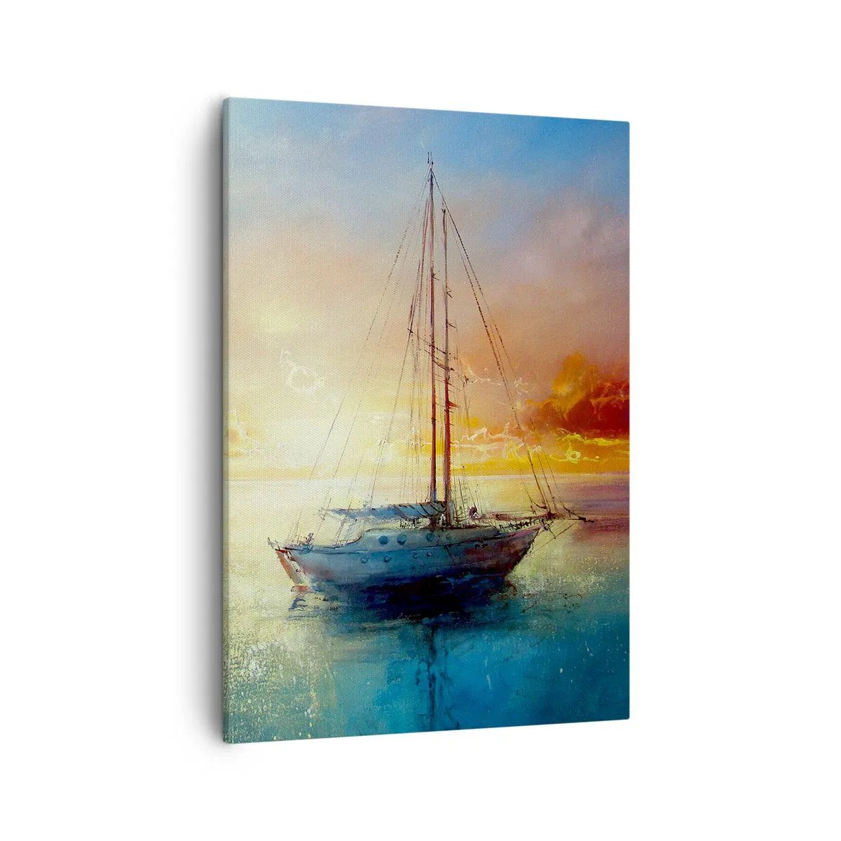 Obraz na płótnie - Żaglówka na spokojnym morzu o zachodzie słońca - 50x70cm - W złotej zatoce - Nowoczesna dekoracja ścienna do salonu, kuchni i sypialni ARTTOR