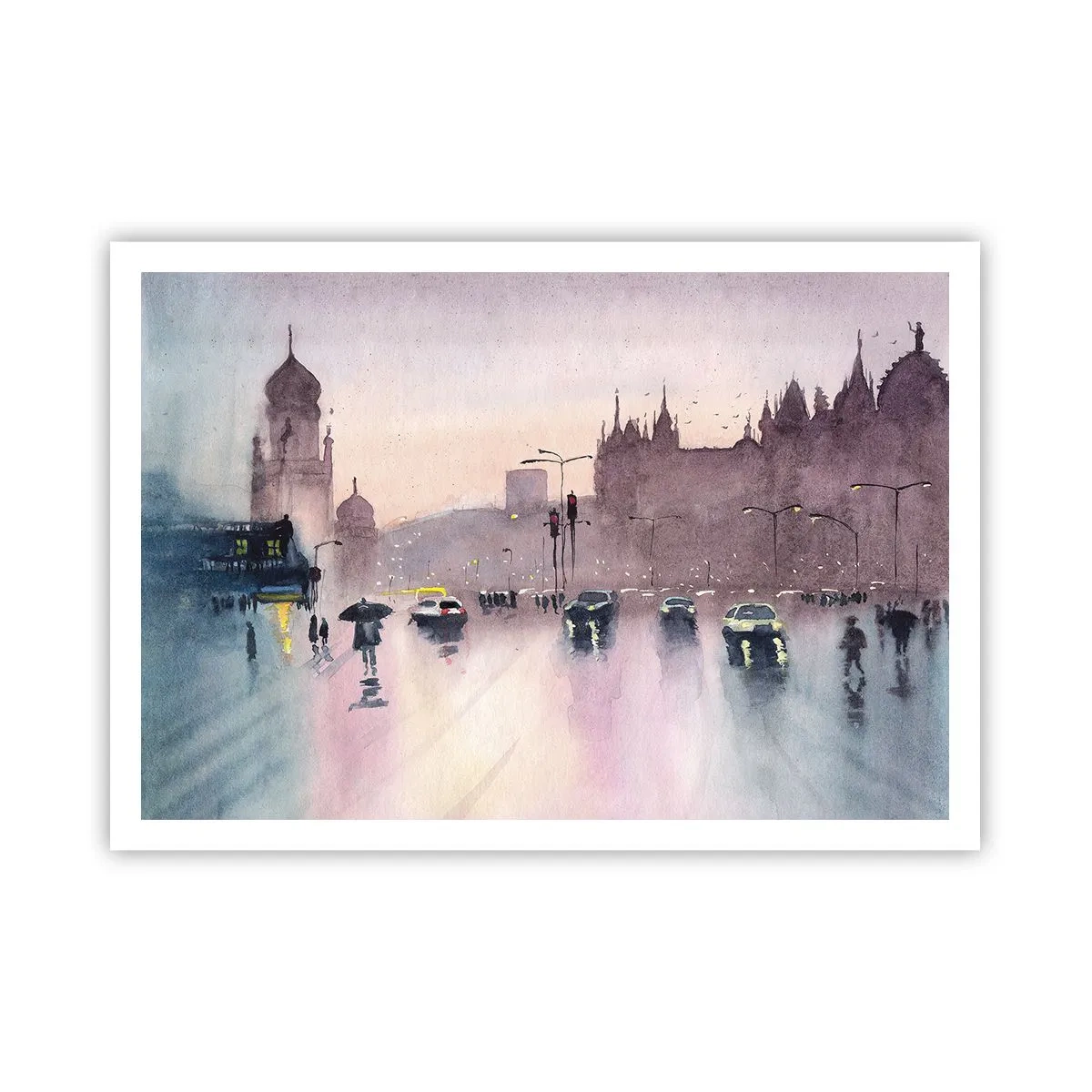 Plakat - Miejska ulica o zmierzchu w akwarelowym stylu - 100x70cm - W deszczowej mgiełce - Nowoczesna dekoracja ścienna do salonu i sypialni ARTTOR