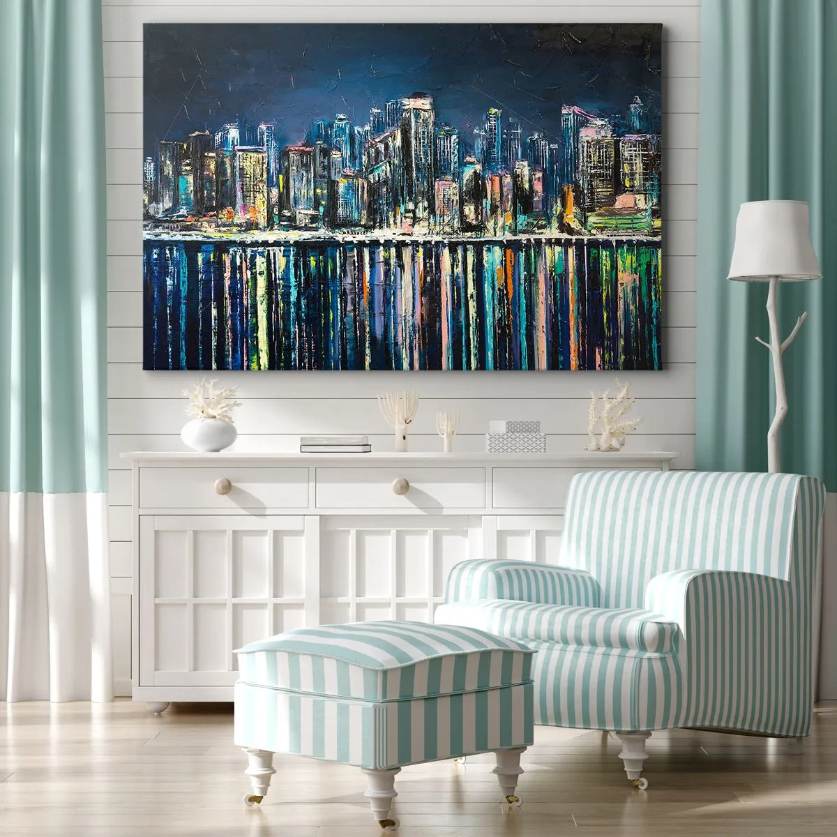 Obraz na płótnie - Panorama nocnego miasta odbijająca się w wodzie - 70x50cm - Kaskada swiateł - Nowoczesna dekoracja ścienna do salonu i sypialni ARTTOR