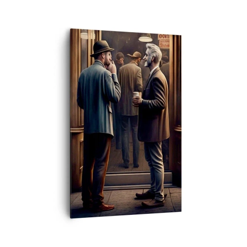 Obraz na płótnie - Scena uliczna z ludźmi przed kawiarnią w stylu retro - 80x120cm - Dobra chwila dnia - Nowoczesna dekoracja ścienna do salonu i sypialni ARTTOR