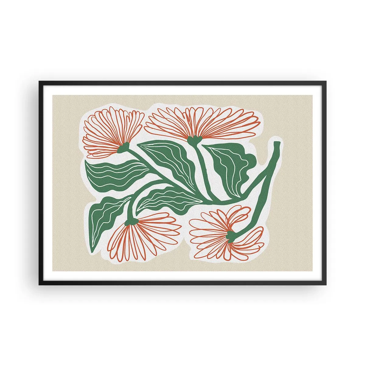 Plakat w czarnej ramie - Rysunek kwiatów w stylu minimalistycznym z zielonymi liśćmi - 100x70cm - Ludowe i nowoczesne - Nowoczesna dekoracja ścienna do salonu i sypialni ARTTOR