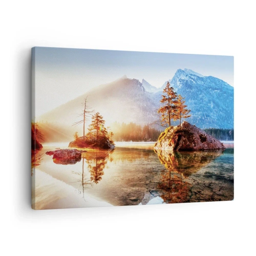 Obraz na płótnie - Jezioro z wyspami i górami w tle o wschodzie słońca - 70x50cm - Natura w nowym świetle - Nowoczesna dekoracja ścienna do salonu i sypialni ARTTOR
