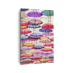 Obraz na płótnie - Kolorowe parasole zawieszone w powietrzu - 80x120cm - Miejska łąka - Nowoczesna dekoracja ścienna do salonu i sypialni ARTTOR
