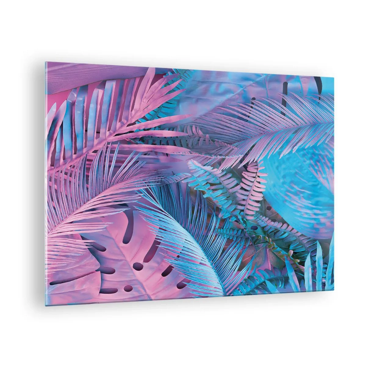 Obraz na szkle - Tropikalne liście w odcieniach różu i błękitu na tle neonowym - 70x50cm - Tropiki w różu i błękicie - Nowoczesna dekoracja ścienna do salonu i sypialni ARTTOR
