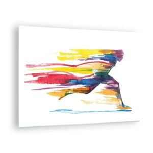 Obraz na szkle - Abstrakcyjna sylwetka biegacza w dynamicznych kolorach - 70x50cm - Bieg przez tęczę - Nowoczesna dekoracja ścienna do salonu i sypialni ARTTOR
