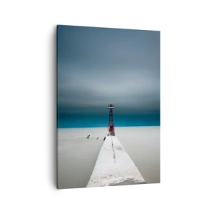Obraz na płótnie - Latarnia morska na końcu betonowego molo w minimalistycznym krajobrazie - 50x70cm - Na spotkanie bezkresu - Nowoczesna dekoracja ścienna do salonu, kuchni i sypialni ARTTOR
