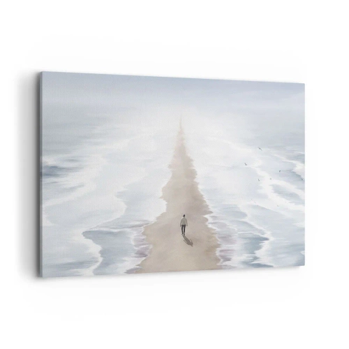 Obraz na płótnie - Postać na samotnej drodze wśród rozległego krajobrazu wodnego - 100x70cm - Jasna przyszłość - Nowoczesna dekoracja ścienna do salonu, kuchni i sypialni ARTTOR