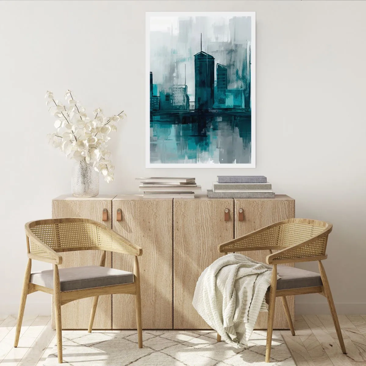 Plakat - Nowoczesna panorama miasta w odcieniach niebieskiego - 50x70cm - Miasto w kolorze deszczu - Nowoczesna dekoracja ścienna do salonu, kuchni i sypialni ARTTOR