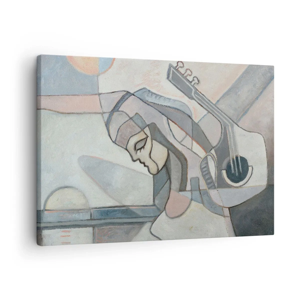 Obraz na płótnie - Abstrakcyjna postać z gitarą w pastelowej kolorystyce - 70x50cm - We władzy muzyki - Nowoczesna dekoracja ścienna do salonu i sypialni ARTTOR