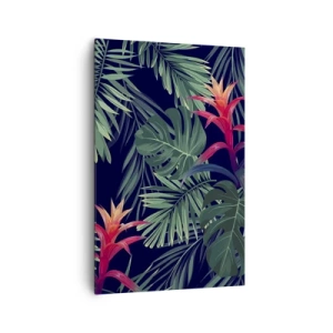 Obraz na płótnie - Tropikalne liście i kwiaty na ciemnym tle - 80x120cm - Zapłonąć w zieleni - Nowoczesna dekoracja ścienna do salonu i sypialni ARTTOR
