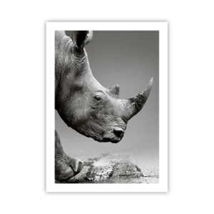 Plakat - Czarno-białe zbliżenie głowy nosorożca - 50x70cm - Niepowstrzymana siła - Nowoczesna dekoracja ścienna do salonu, kuchni i sypialni ARTTOR