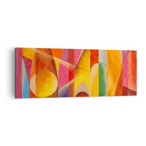 Obraz na płótnie - Abstrakcyjna kompozycja pełna kolorowych form geometrycznych - 140x50cm - Katedra słońca - Nowoczesna dekoracja ścienna do salonu i sypialni ARTTOR