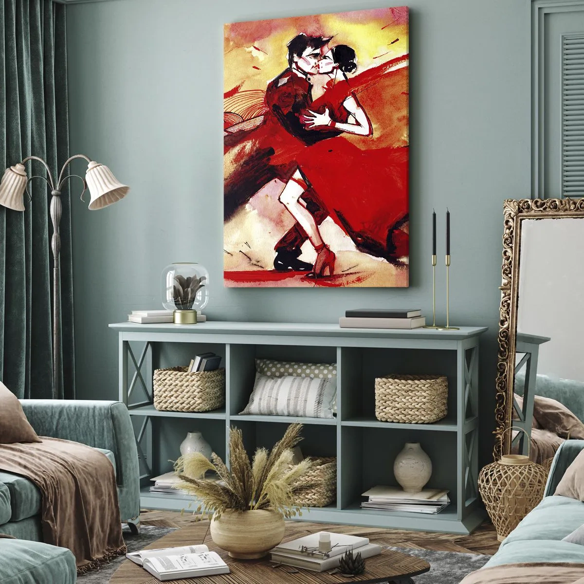 Obraz na płótnie - Para tańcząca tango w czerwonych tonacjach na dynamicznym tle - 70x100cm - Purpurowy rytm namiętności - Nowoczesna dekoracja ścienna do salonu i sypialni ARTTOR