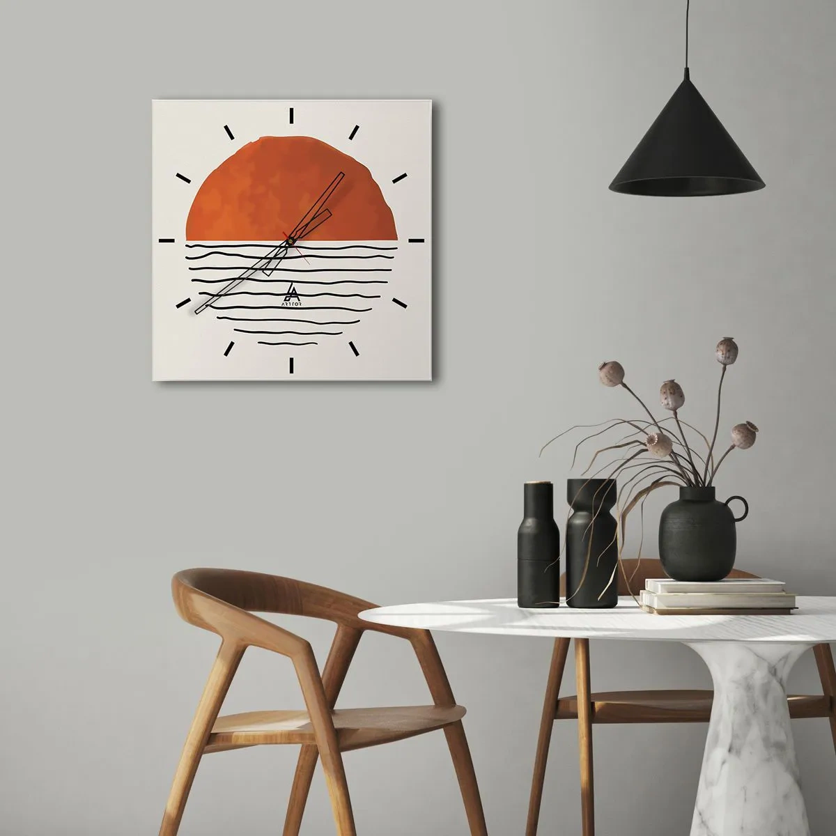 Zegar ścienny - Minimalistyczny zachód słońca nad liniami przypominającymi fale - 30x30cm - W japońskim klimacie - Nowoczesna dekoracja ścienna do salonu i sypialni ARTTOR