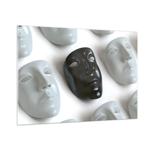 Obraz na szkle - Czarno-biała maska na tle białych masek na jasnym tle - 100x70cm - Jak się wyróżnić? - Nowoczesna dekoracja ścienna do salonu, kuchni i sypialni ARTTOR