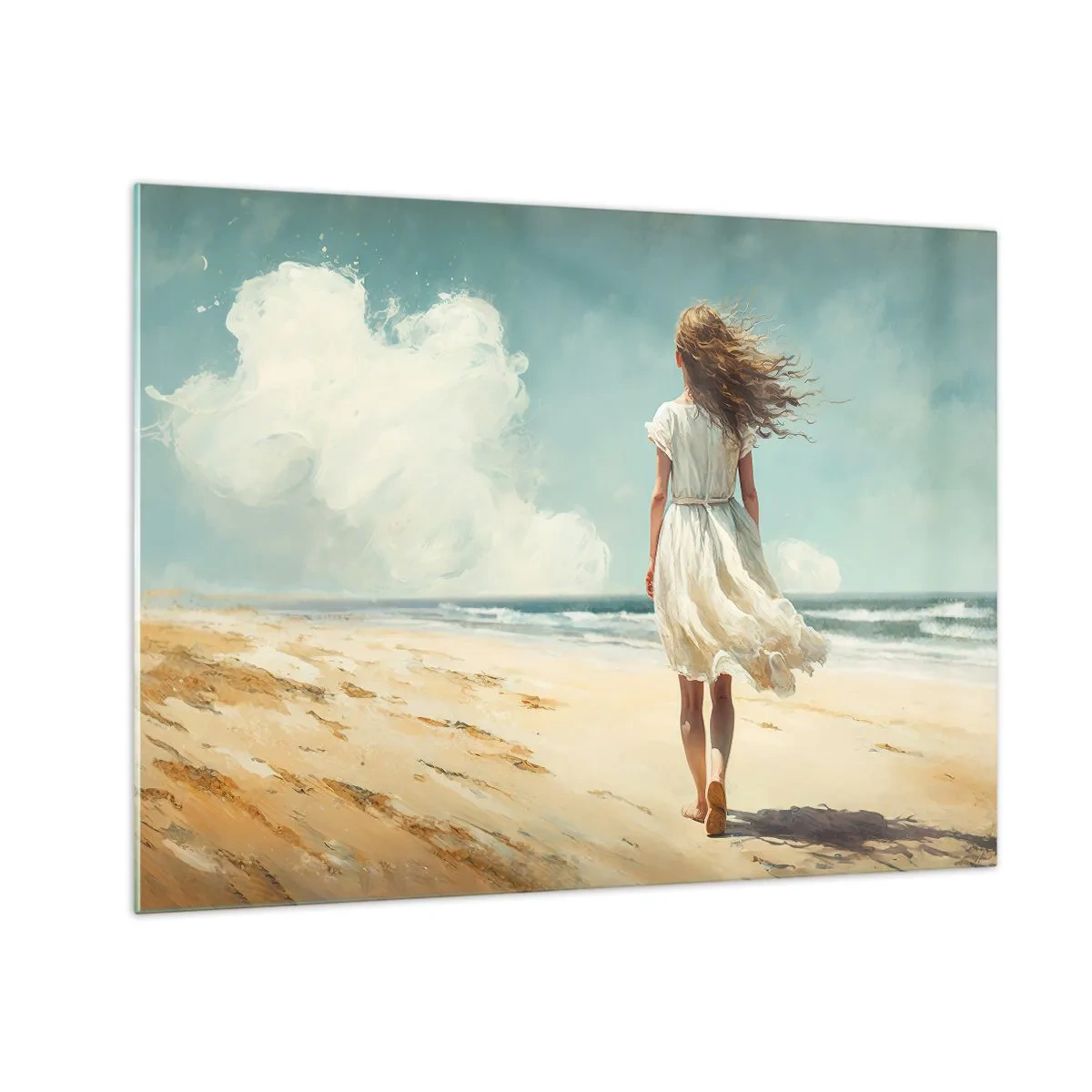 Obraz na szkle - Kobieta w białej sukience idąca boso po słonecznej plaży - 70x50cm - Na spotkanie słońca i wiatru - Nowoczesna dekoracja ścienna do salonu i sypialni ARTTOR