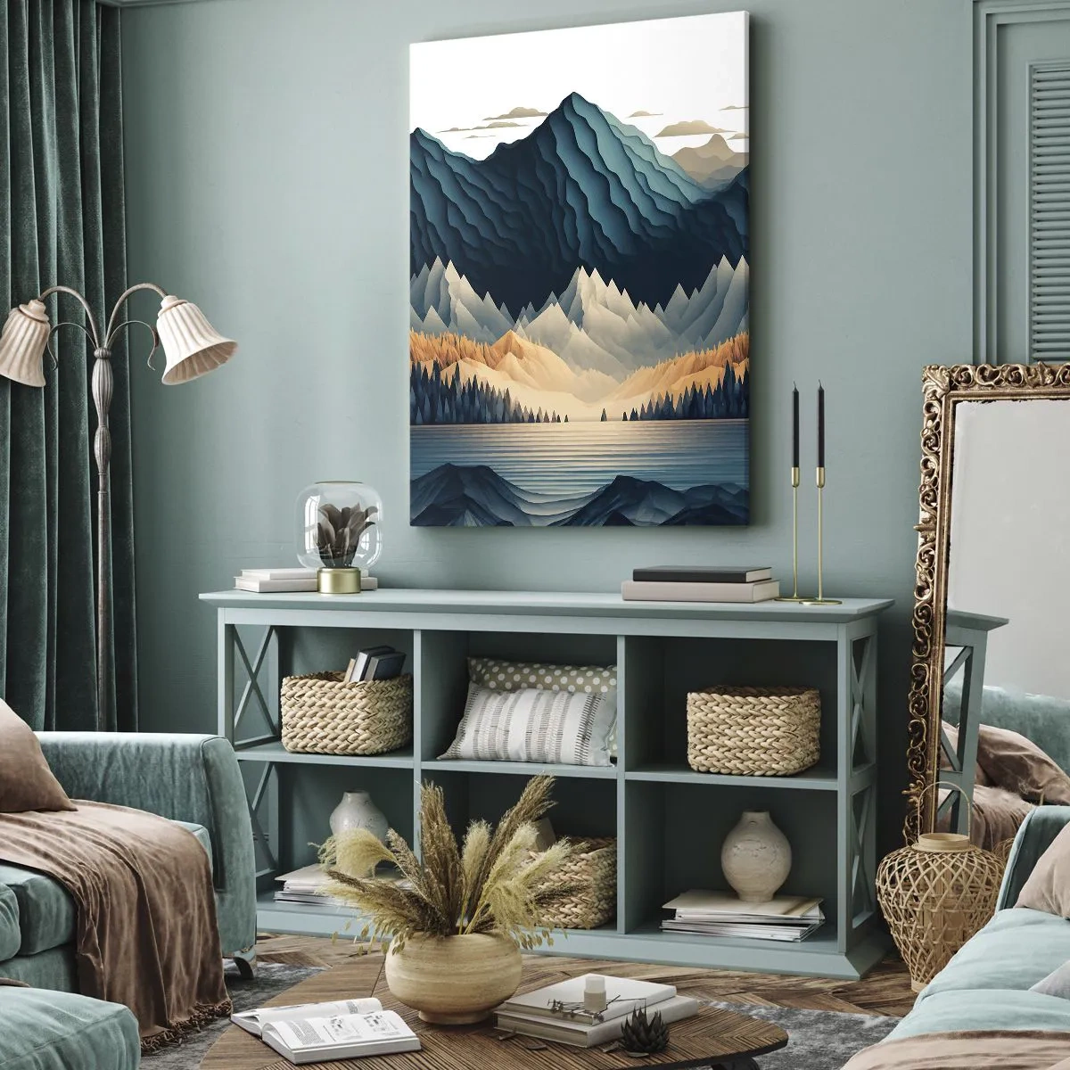 Obraz na płótnie - Stylizowany pejzaż górski w odcieniach niebieskiego i złota - 50x70cm - Pejzaż górski doskonały - Nowoczesna dekoracja ścienna do salonu, kuchni i sypialni ARTTOR