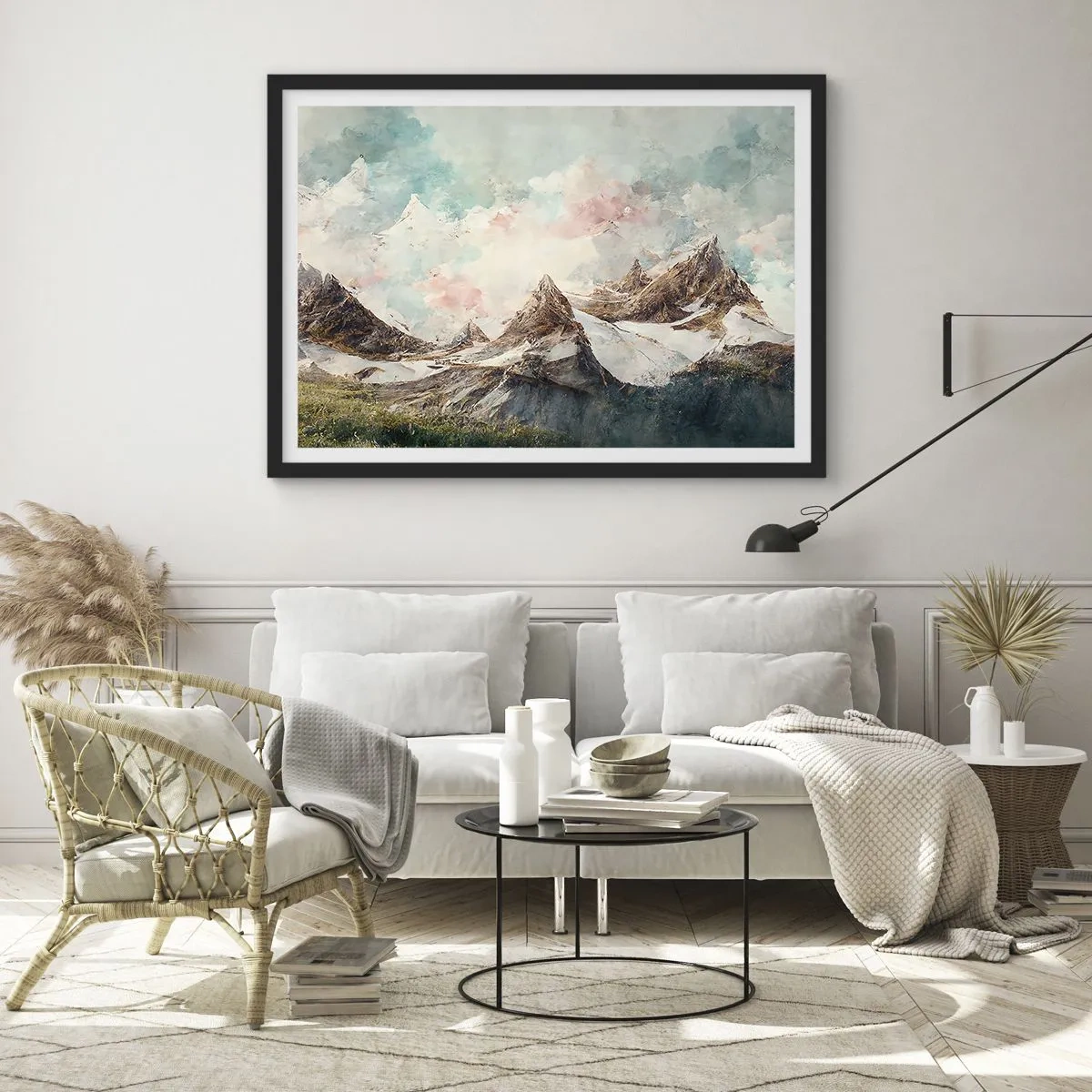 Plakat w czarnej ramie - Malownicze góry z pastelowym niebem - 70x50cm - Skalne ostrza - Nowoczesna dekoracja ścienna do salonu i sypialni ARTTOR