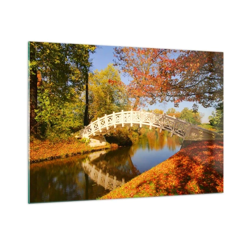 Obraz na szkle - Drewniany mostek nad rzeką otoczony jesiennymi kolorami - 100x70cm - Na białym mostku westchnień - Nowoczesna dekoracja ścienna do salonu, kuchni i sypialni ARTTOR