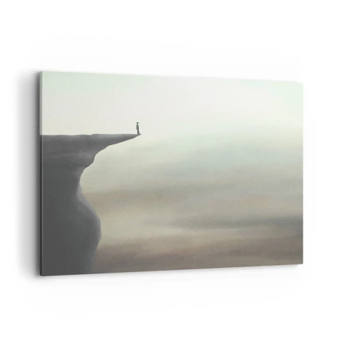 Obraz na płótnie - Sylwetka postaci na krawędzi urwiska w mglistym krajobrazie - 100x70cm - Do góry, oczywiście! - Nowoczesna dekoracja ścienna do salonu, kuchni i sypialni ARTTOR