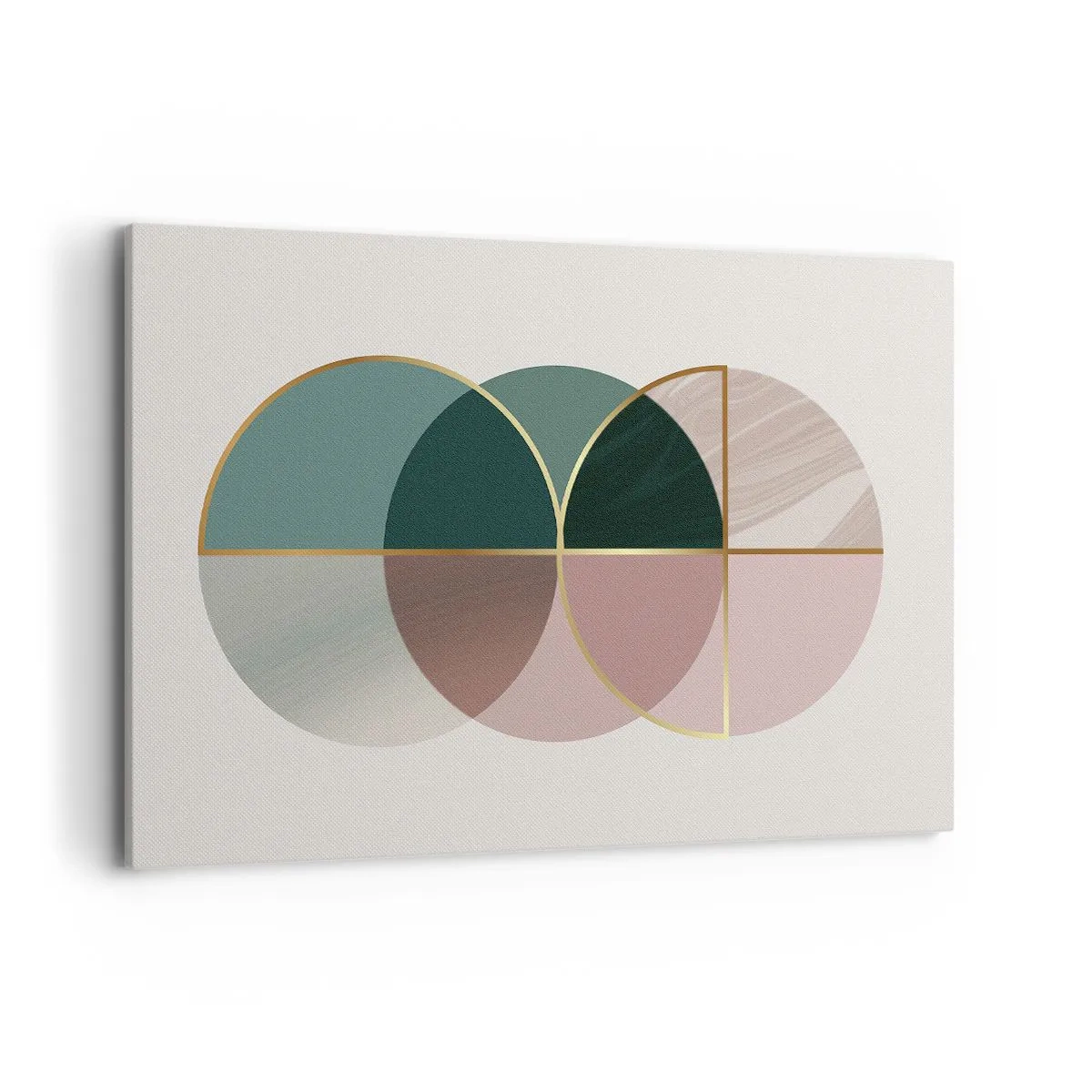 Obraz na płótnie - Abstrakcyjna kompozycja geometrycznych kształtów i złotych linii - 120x80cm - Koło za kołem… - Nowoczesna dekoracja ścienna do salonu, kuchni i sypialni ARTTOR