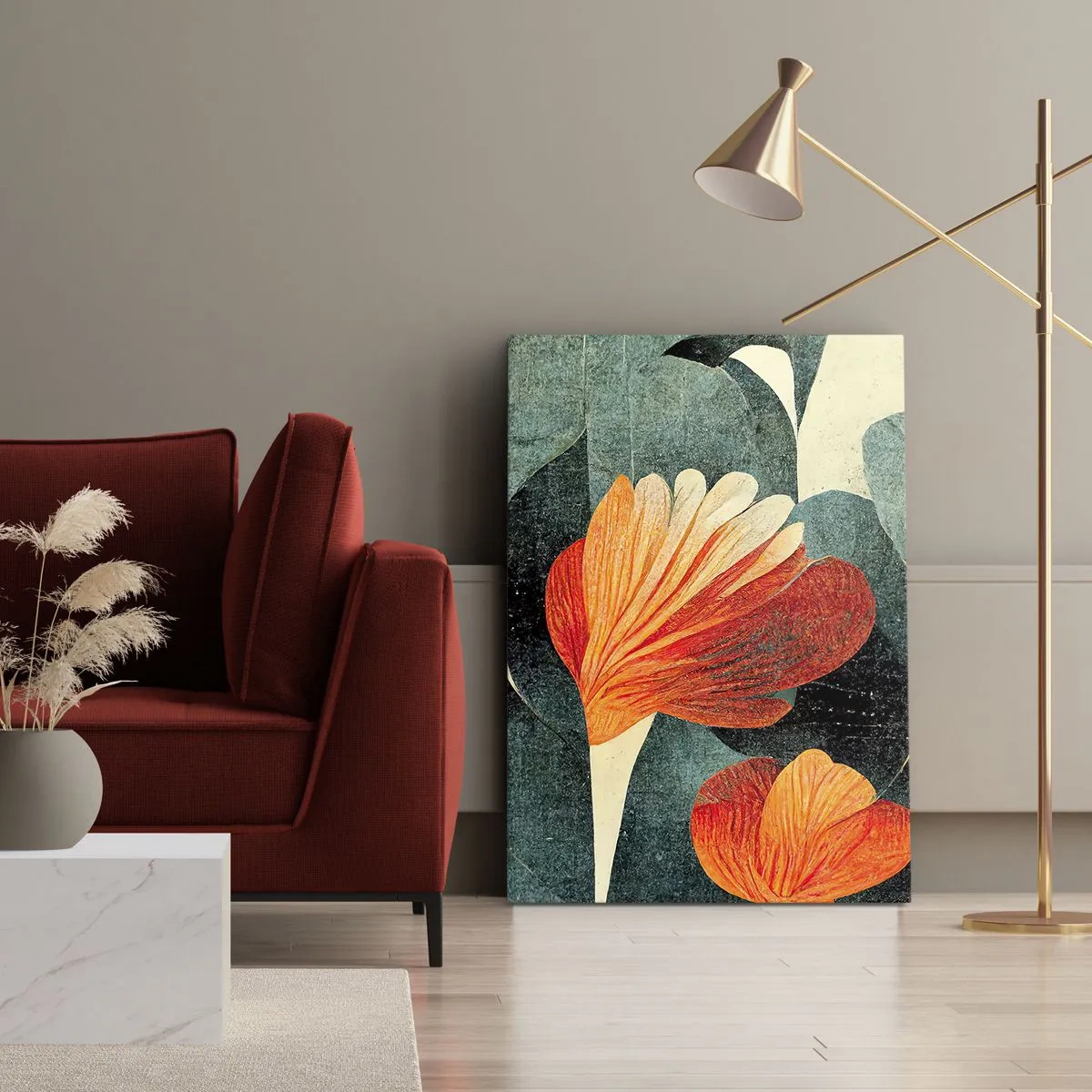 Obraz na płótnie - Stylizowana ilustracja kwiatów w odcieniach pomarańczu i zieleni - 50x70cm - Żar tropików i chłód zieleni - Nowoczesna dekoracja ścienna do salonu, kuchni i sypialni ARTTOR