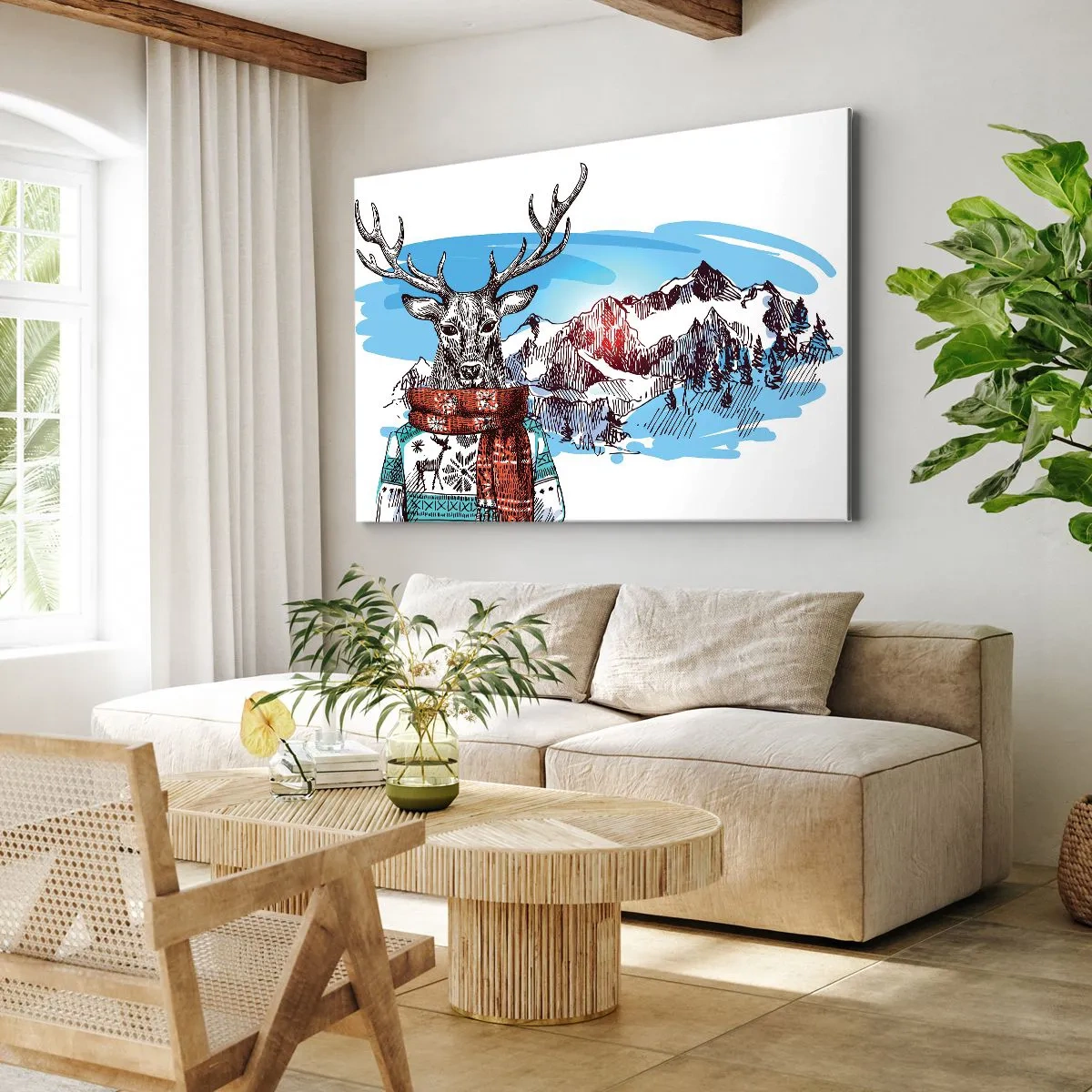 Obraz na płótnie - Jeleń w zimowym swetrze na tle górskiego krajobrazu - 70x50cm - Nawet jeleń nie marznie - Nowoczesna dekoracja ścienna do salonu i sypialni ARTTOR