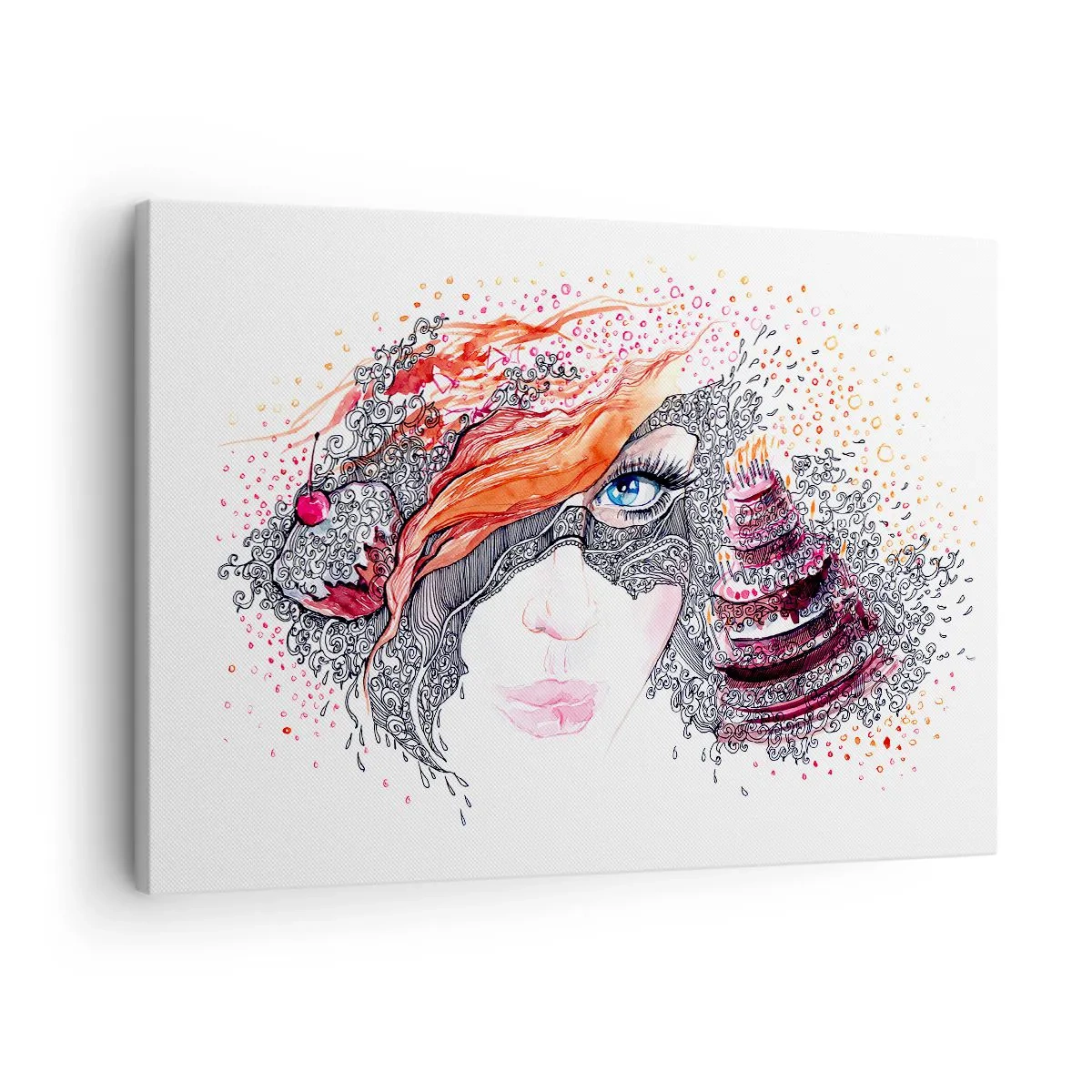 Obraz na płótnie - Artystyczny portret kobiety z detalami i czerwonym akcentem - 70x50cm - Z nią codziennie jest święto - Nowoczesna dekoracja ścienna do salonu i sypialni ARTTOR