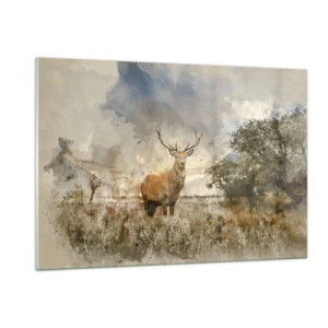 Obraz na szkle - Jeleń w naturalnym krajobrazie na tle subtelnych barw - 120x80cm - Godność - siła - dostojeństwo - Nowoczesna dekoracja ścienna do salonu, kuchni i sypialni ARTTOR