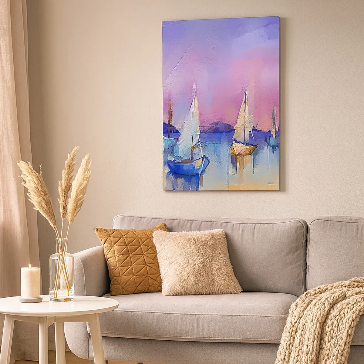 Obraz na płótnie - Żaglówki na spokojnej wodzie z pastelowym niebem w tle - 50x70cm - Kierunek: szerokie wody - Nowoczesna dekoracja ścienna do salonu, kuchni i sypialni ARTTOR