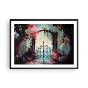 Plakat w czarnej ramie - Magiczne wejście z kutą bramą w otoczeniu tajemniczej roślinności - 70x50cm - Tajemniczy ogród - Nowoczesna dekoracja ścienna do salonu i sypialni ARTTOR