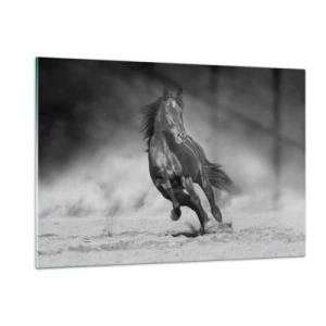 Obraz na szkle - Czarny koń galopujący po piasku w czarno-białej tonacji - 120x80cm - Godny samego emira - Nowoczesna dekoracja ścienna do salonu, kuchni i sypialni ARTTOR