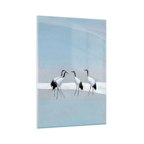 Obraz na szkle - Grupa żurawi na tle błękitnego nieba i wschodzącego słońca - 70x100cm - Po gorącym dniu - Nowoczesna dekoracja ścienna do salonu i sypialni ARTTOR
