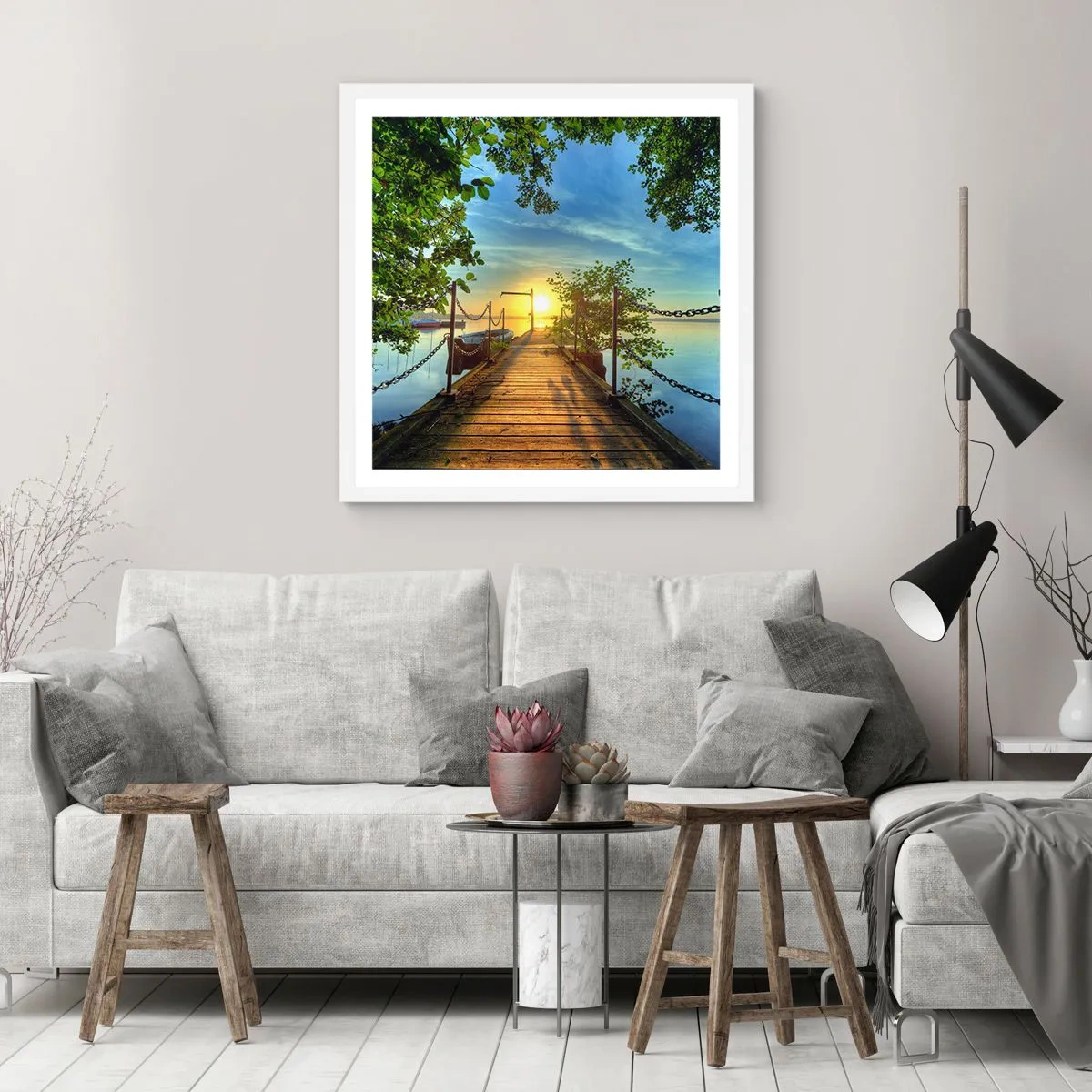 Plakat w białej ramie - Zachód nad wodą - 30x30 cm