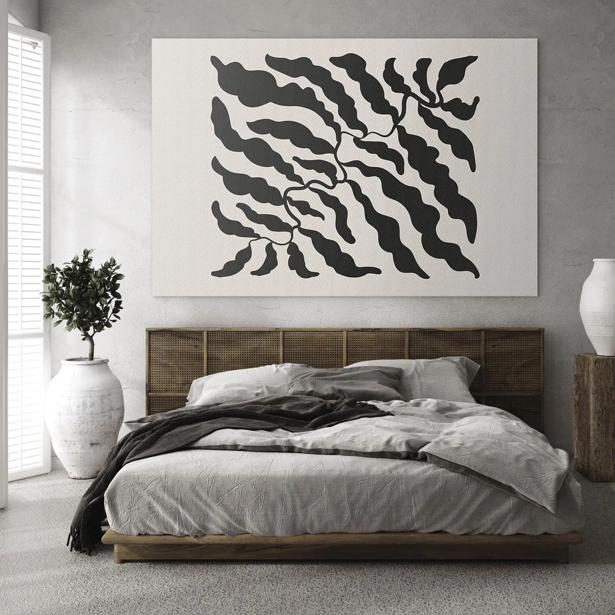Obraz na szkle - Botaniczna grafika z organicznymi czarnymi liśćmi - 70x50cm - Natura kwadratu - Nowoczesna dekoracja ścienna do salonu i sypialni ARTTOR