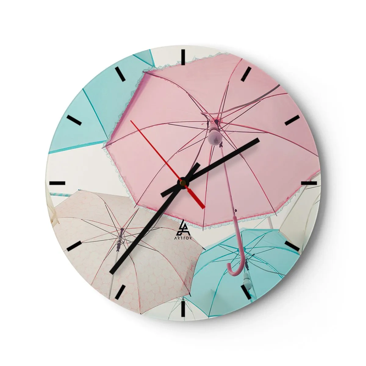 Zegar ścienny - Parasole w pastelowych kolorach - 30x30cm - Czasem słońce, czasem deszcz - Nowoczesna dekoracja ścienna do salonu, kuchni i sypialni ARTTOR