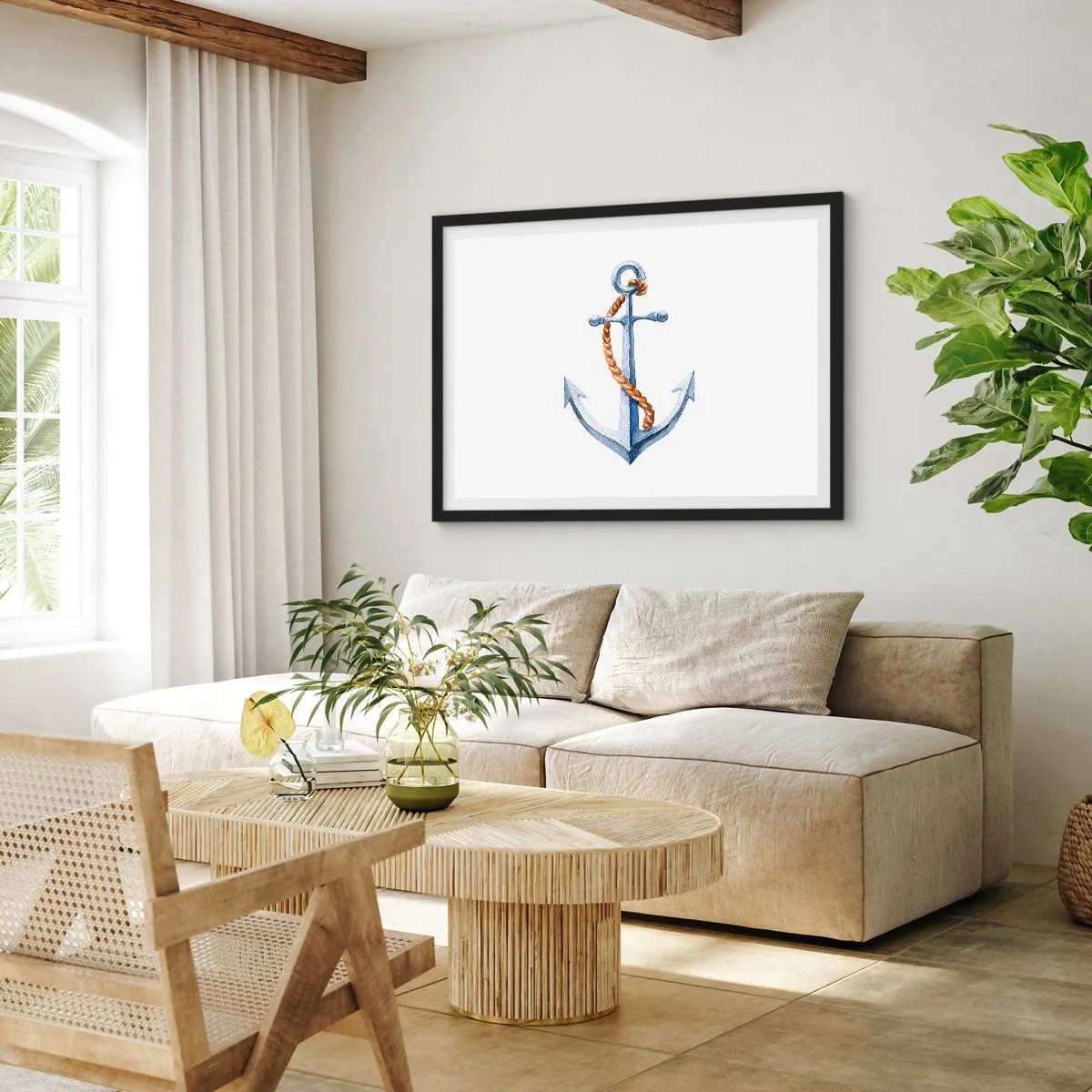 Plakat w czarnej ramie - Kotwica z liną w akwarelowym stylu - 70x50cm - Ahoj przygodo! - Nowoczesna dekoracja ścienna do salonu i sypialni ARTTOR