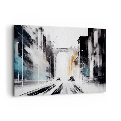 Obraz na płótnie - Abstrakcyjna panorama miasta z łukowym mostem - 100x70cm - Studium miasta: architektura i ruch - Nowoczesna dekoracja ścienna do salonu, kuchni i sypialni ARTTOR