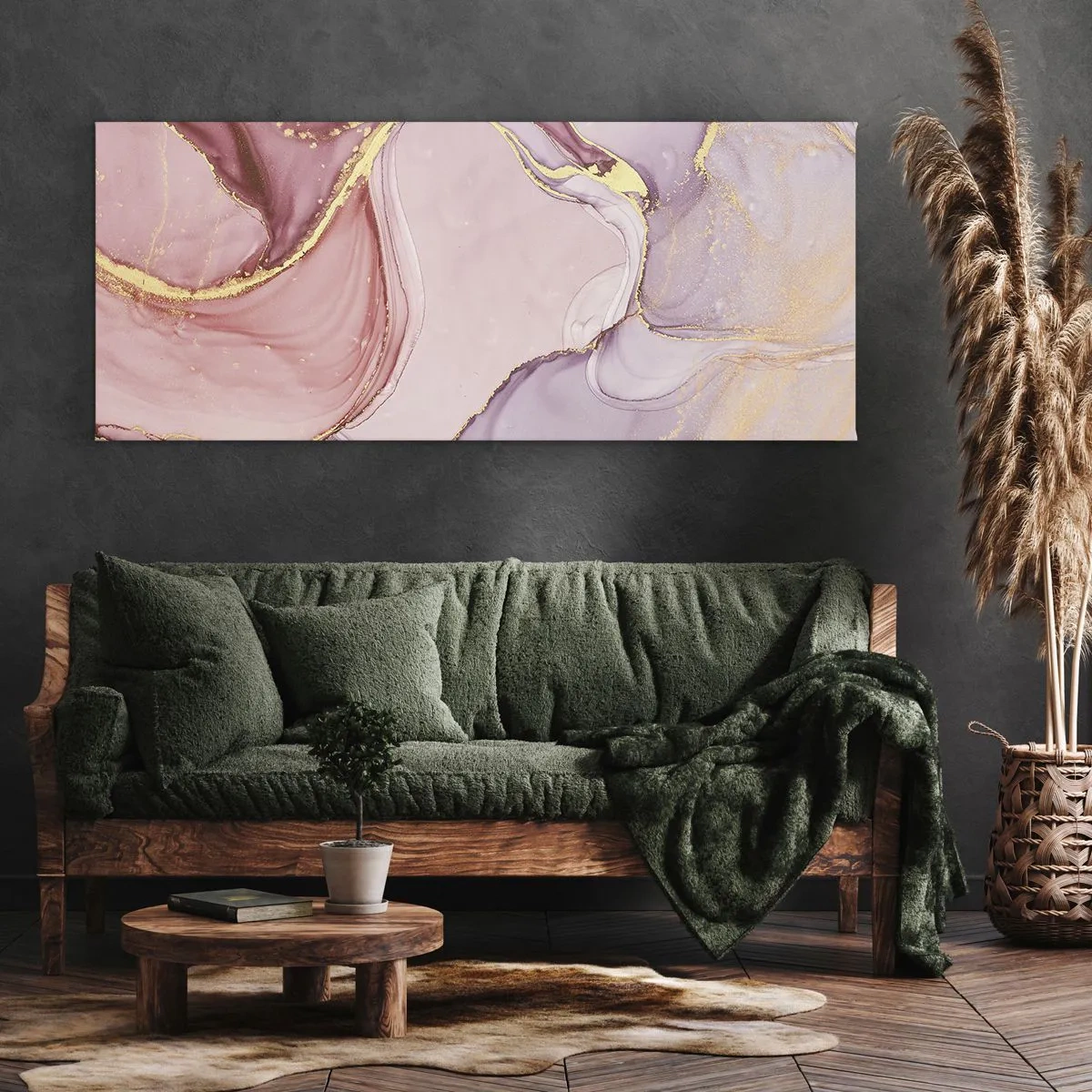 Obraz na płótnie - Delikatne abstrakcyjne wzory w odcieniach różu i złota - 160x50cm - Pieszczota barw - Nowoczesna dekoracja ścienna do salonu i sypialni ARTTOR