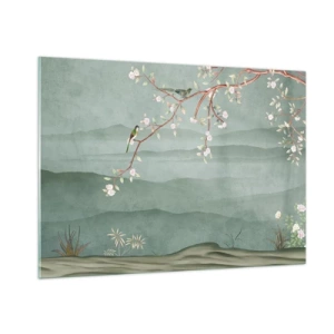 Obraz na szkle - Gałązka z kwiatami i ptakami na tle zielonych wzgórz - 100x70cm - Wiosna, ach, to ty - Nowoczesna dekoracja ścienna do salonu, kuchni i sypialni ARTTOR