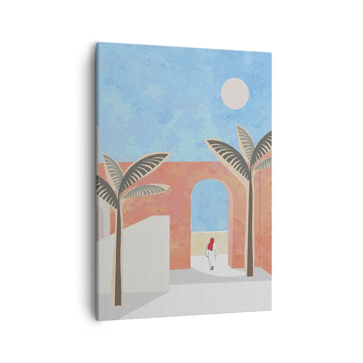 Obraz na płótnie - Minimalistyczna ilustracja architektury z palmami w pastelowych kolorach - 50x70cm - Arabski dzień - Nowoczesna dekoracja ścienna do salonu, kuchni i sypialni ARTTOR